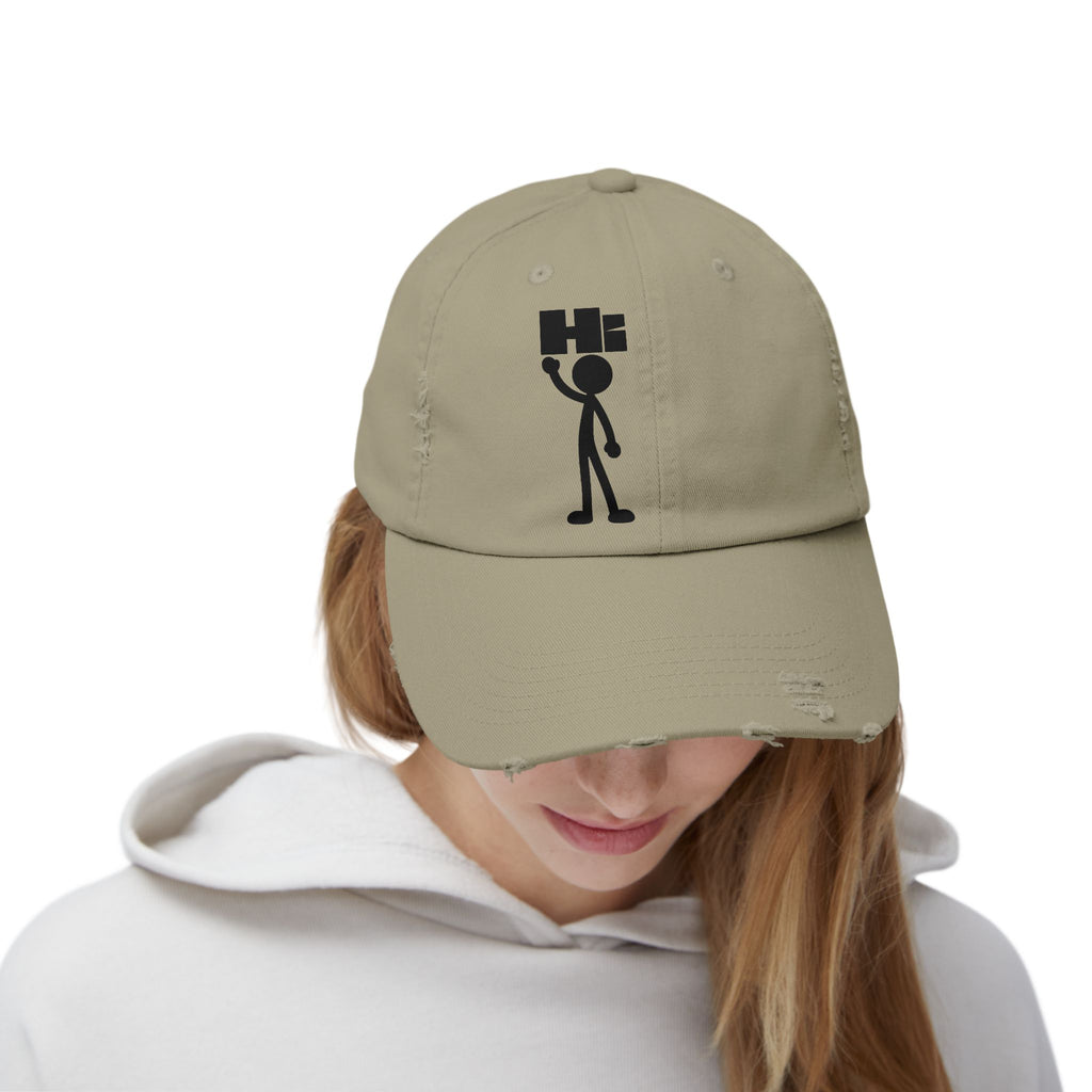 Distressed Hat with Stick Figure 'Hi' Design — Casual Vintage Baseball Cap