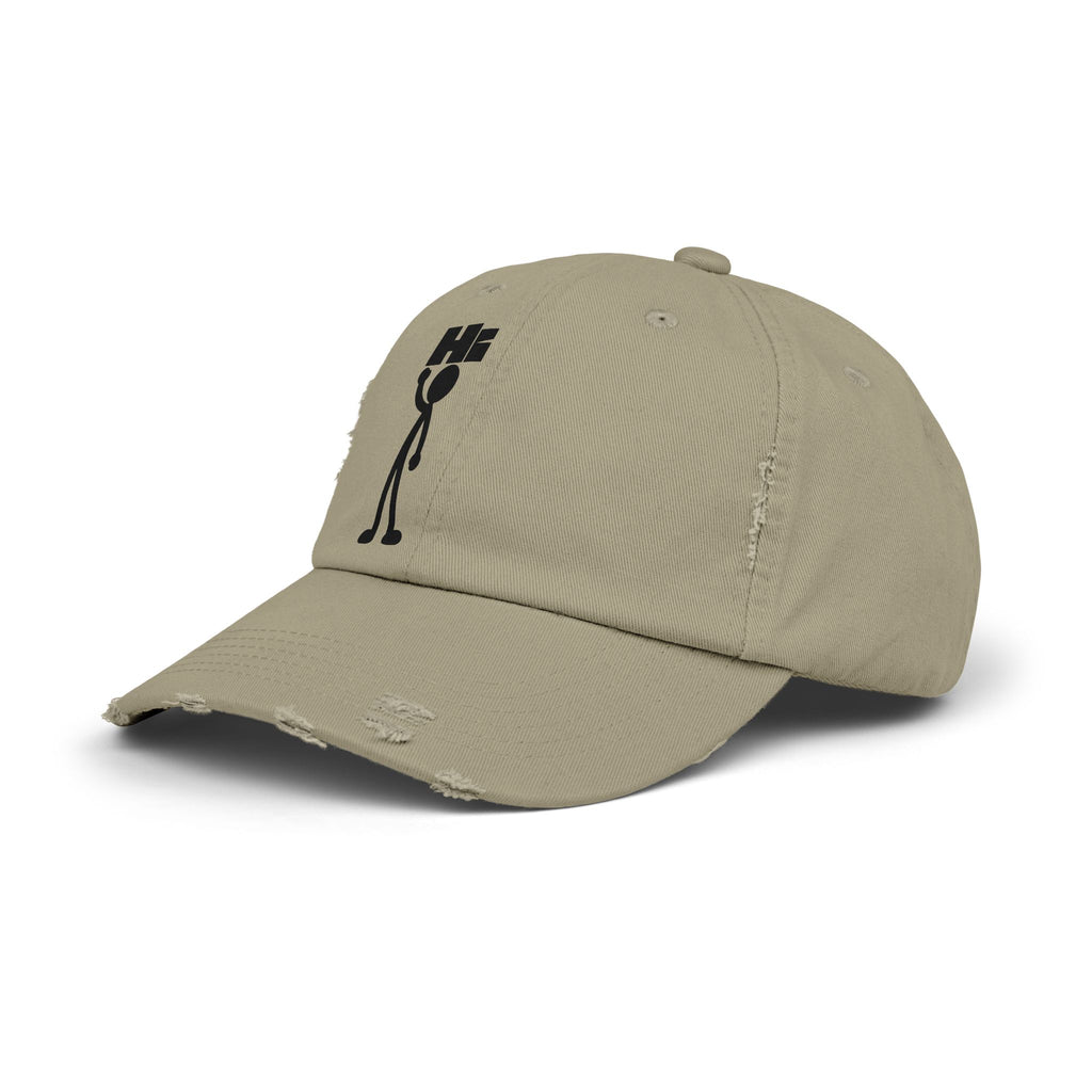 Distressed Hat with Stick Figure 'Hi' Design — Casual Vintage Baseball Cap