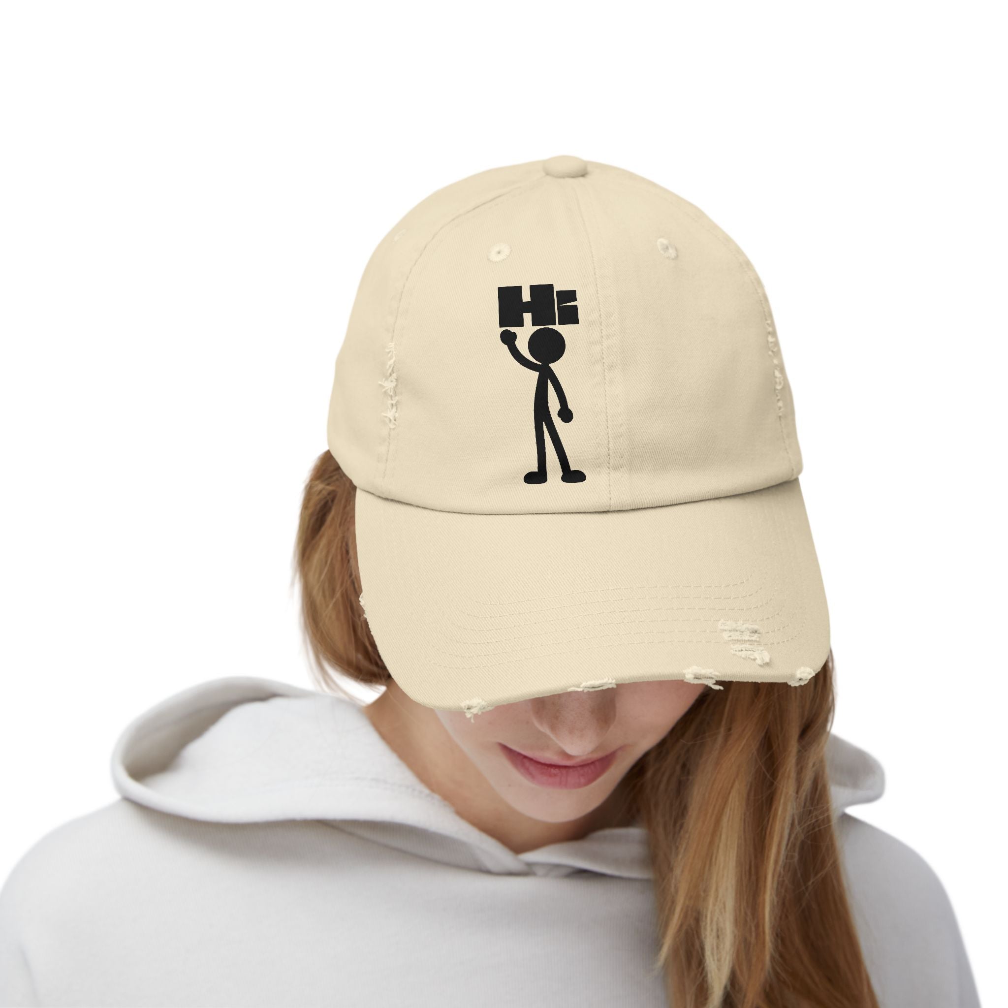 Distressed Hat with Stick Figure 'Hi' Design — Casual Vintage Baseball Cap