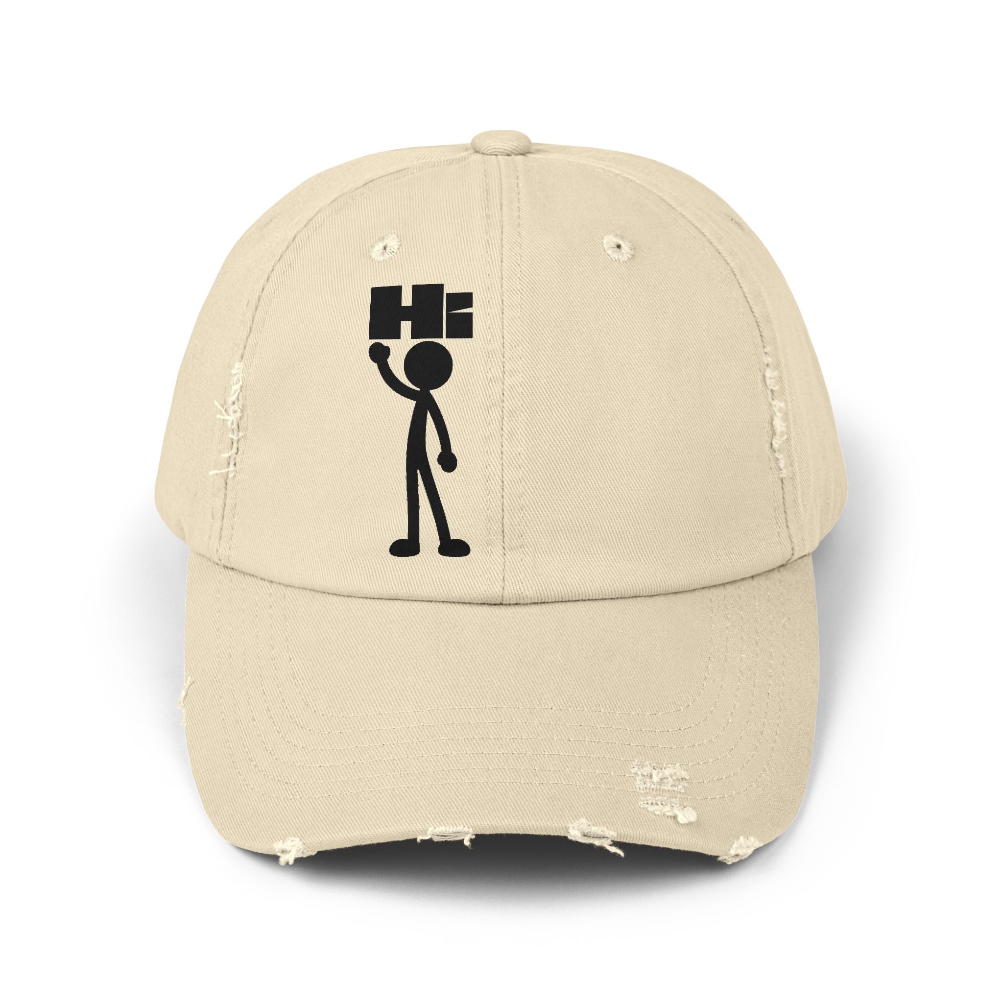 Distressed Hat with Stick Figure 'Hi' Design — Casual Vintage Baseball Cap