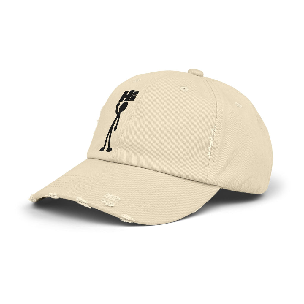 Distressed Hat with Stick Figure 'Hi' Design — Casual Vintage Baseball Cap