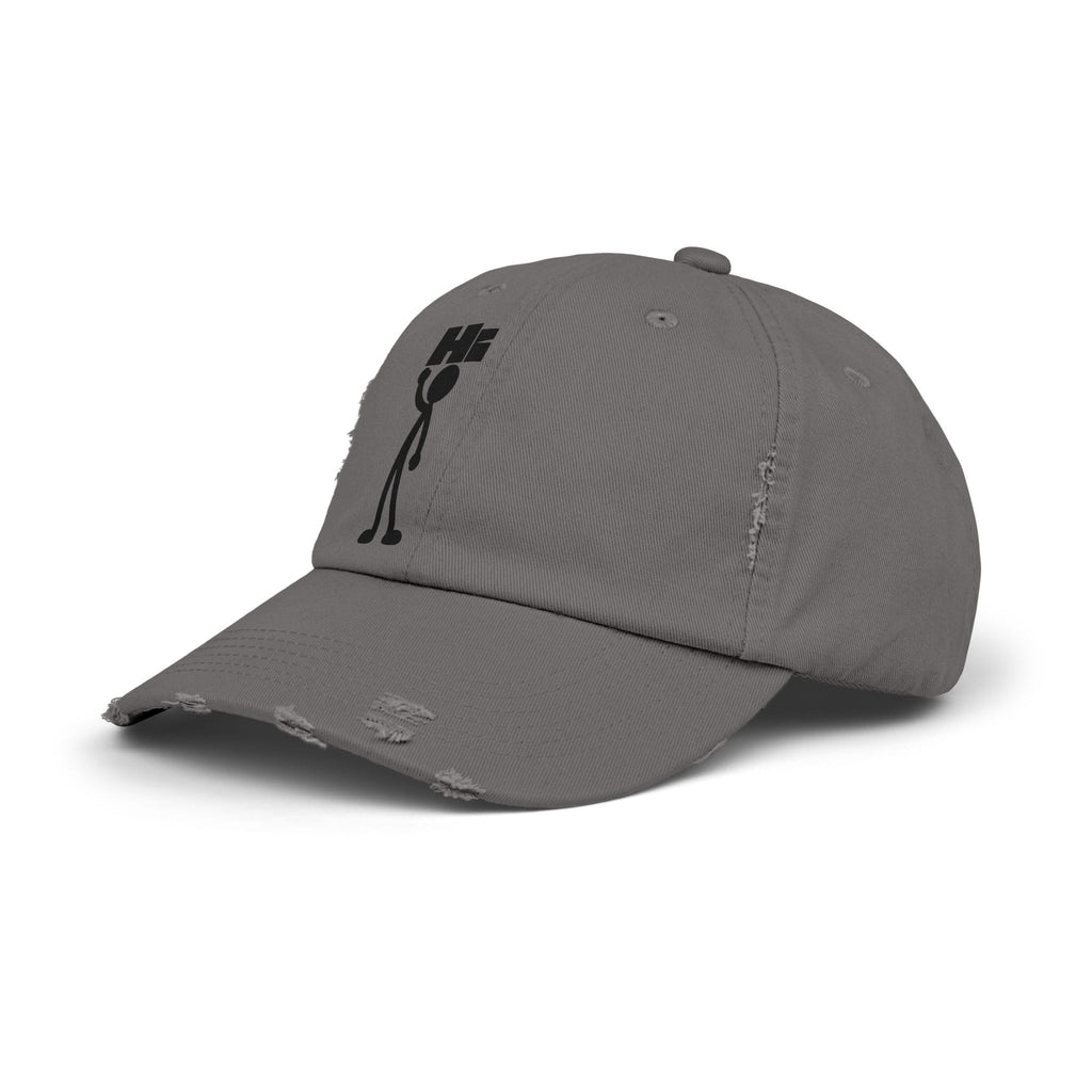 Distressed Hat with Stick Figure 'Hi' Design — Casual Vintage Baseball Cap
