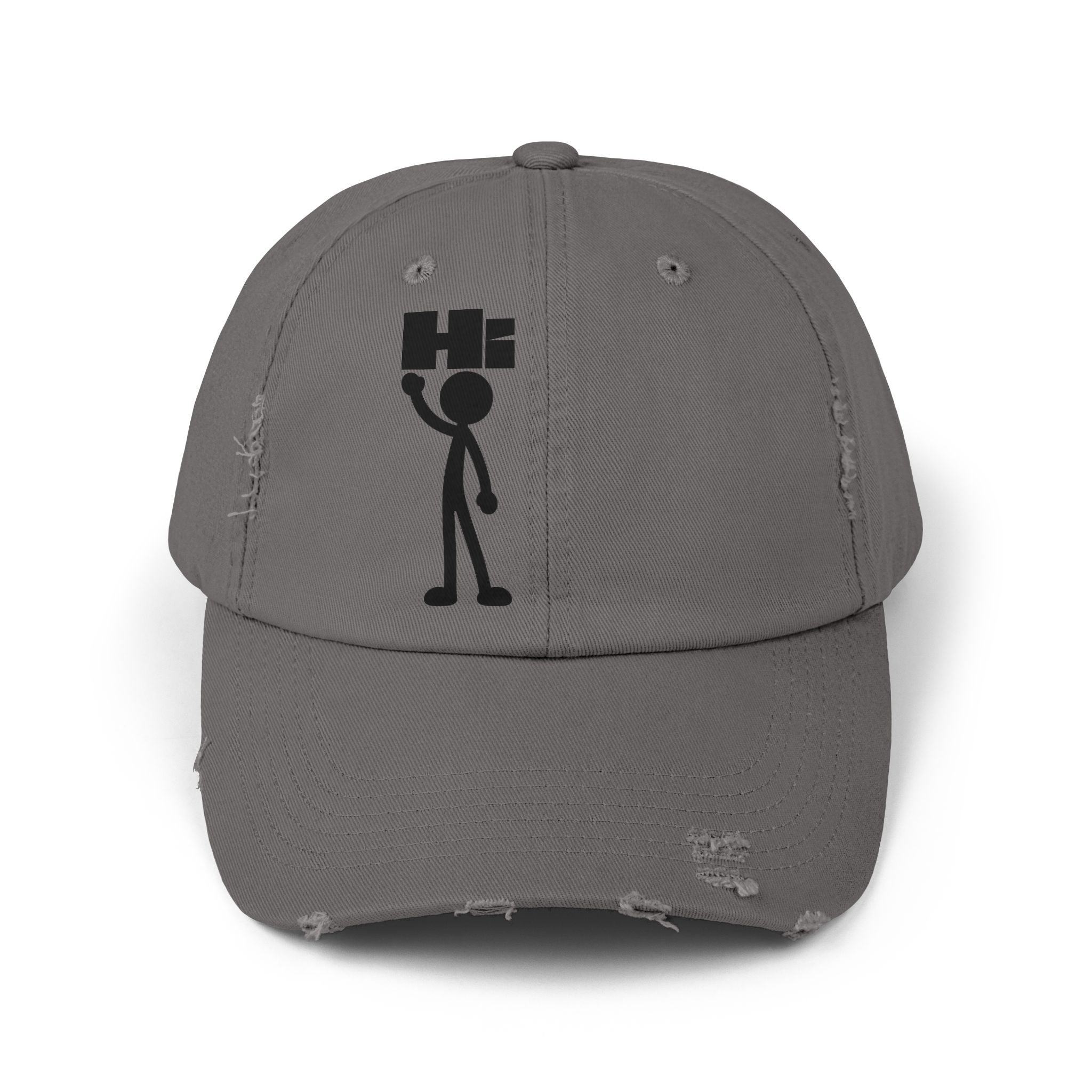 Distressed Hat with Stick Figure 'Hi' Design — Casual Vintage Baseball Cap