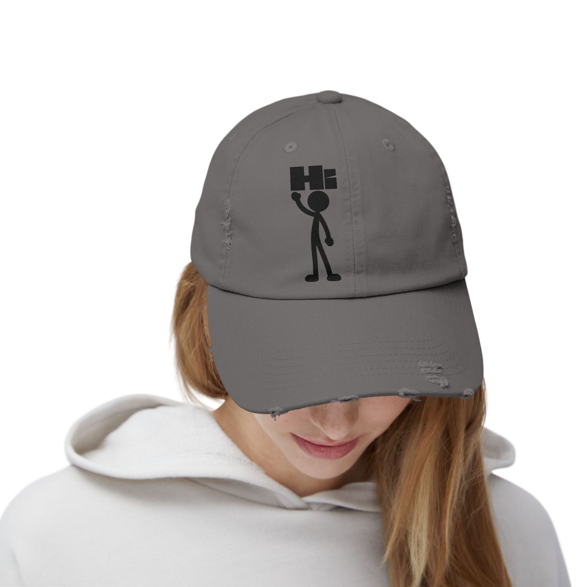 Distressed Hat with Stick Figure 'Hi' Design — Casual Vintage Baseball Cap