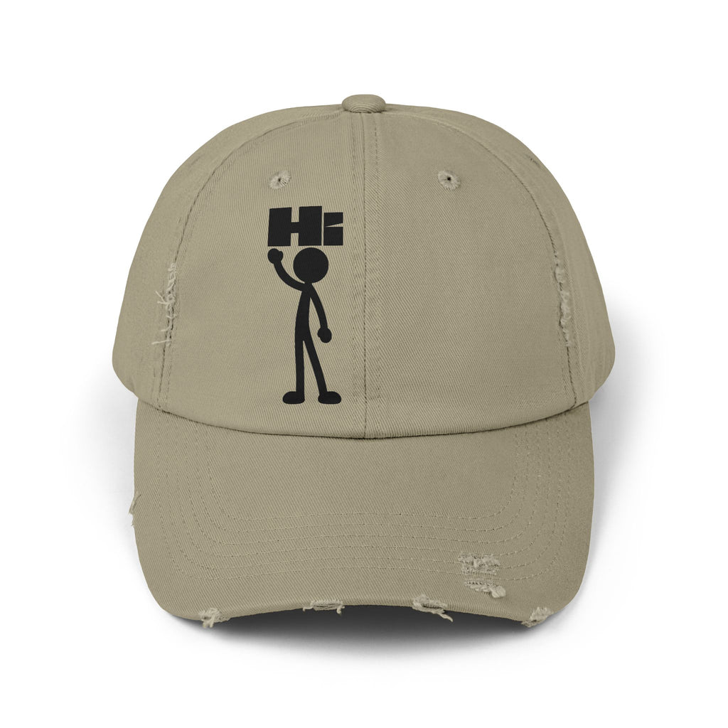 Distressed Hat with Stick Figure 'Hi' Design — Casual Vintage Baseball Cap