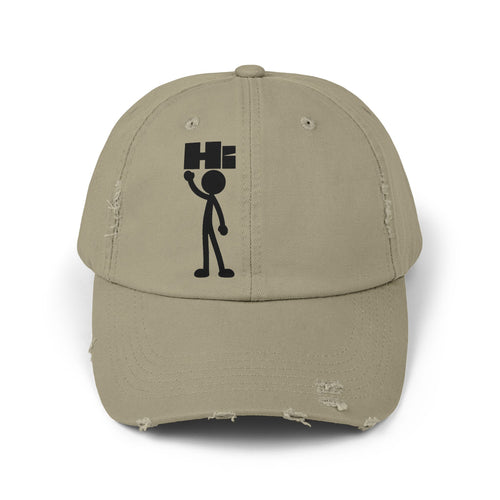 Distressed Hat with Stick Figure 'Hi' Design — Casual Vintage Baseball Cap